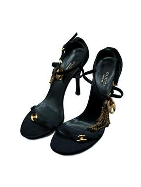 Gucci Tom Ford Black Satin Ankle Strap Charm Tassel Stiletto Heel Sz 7B Italy